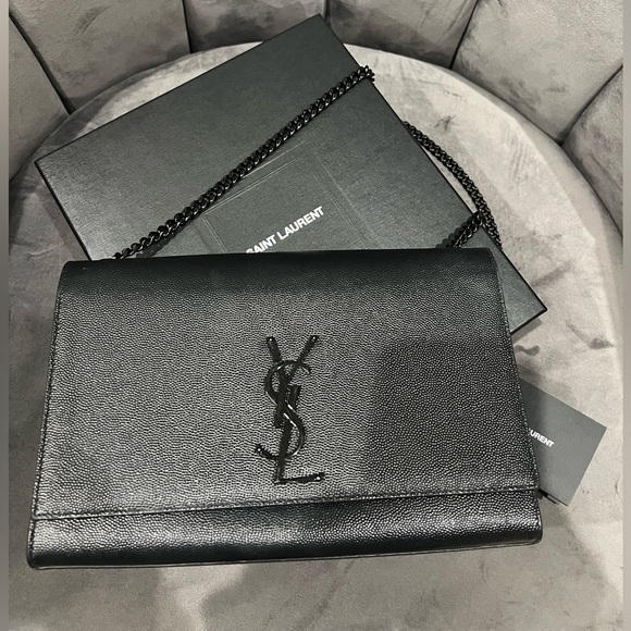 Yves Saint Laurent Handbags - SAINT LAURENT Grain De Poudre Medium Classic Monogram Kate Satchel Black